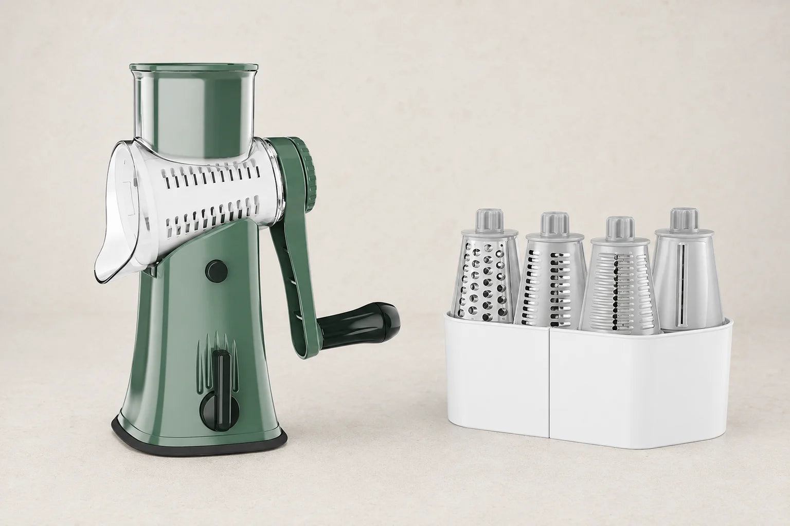Green grater with its food pusher, crank and white holder for the spare cutting drums