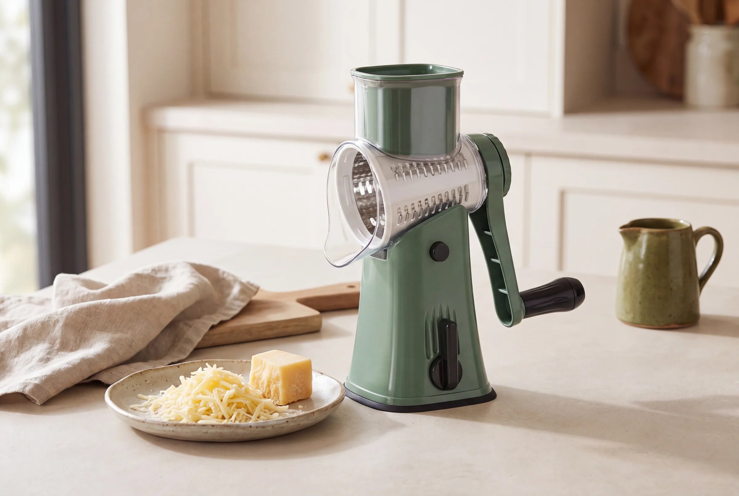 Green rotary grater on a kitchen worktop beside a plate of grated cheese