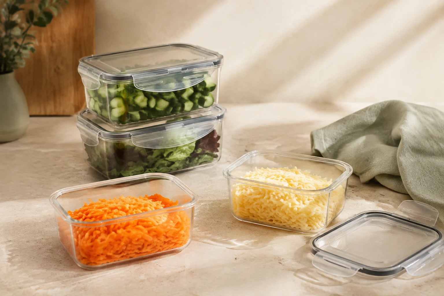 Four containers styled with grated carrot, cheese and salad on a kitchen worktop