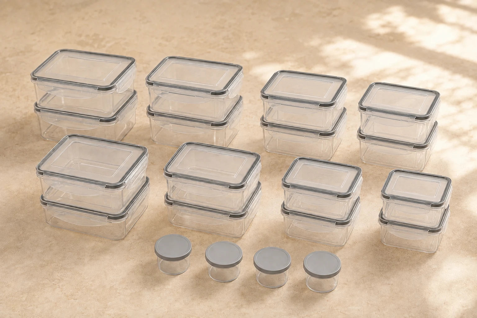 The full set of 20 empty containers with their 20 matching lids fitted