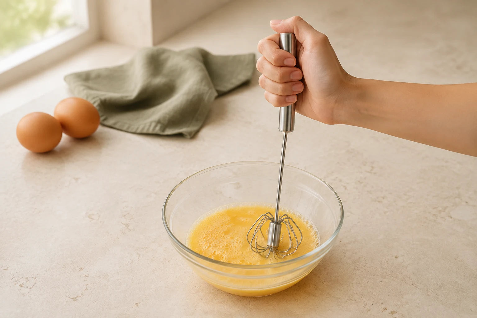 Hand pressing one stainless steel whisk into beaten eggs in a glass bowl