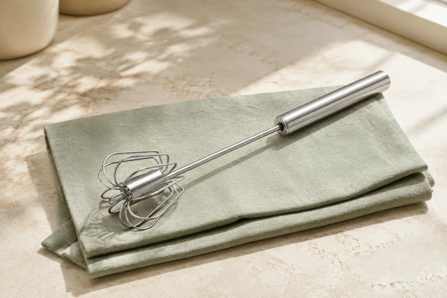 One stainless steel push whisk on sage linen