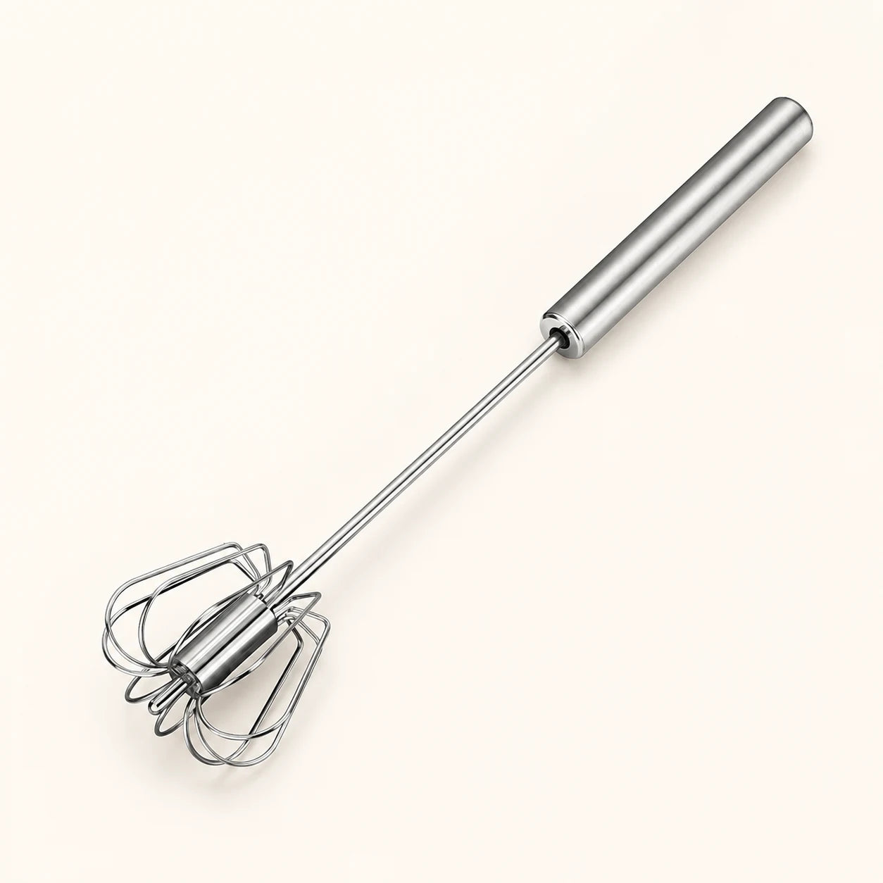 Stainless steel push whisk with a cylindrical handle and wire whisk head